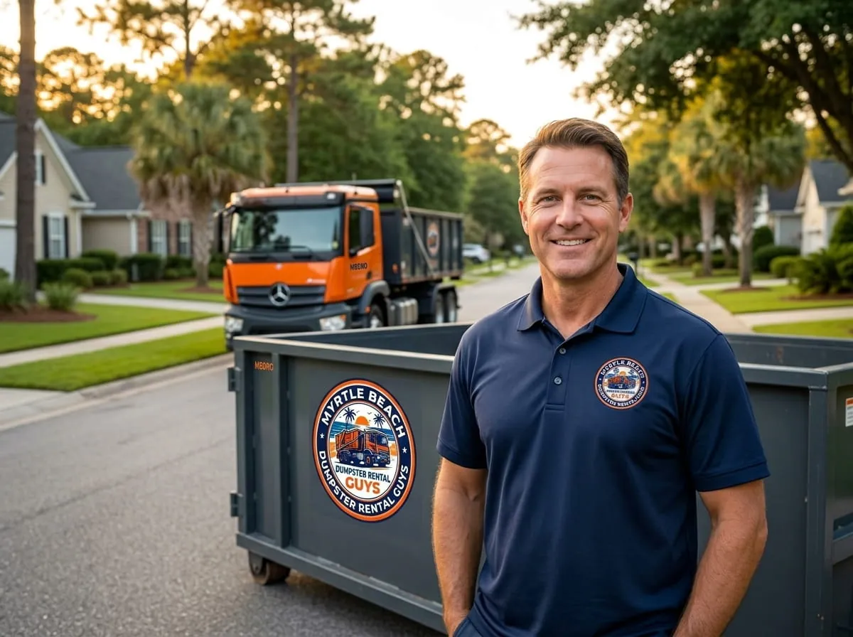 The Myrtle Beach Dumpster Rental Guys team beside a branded roll-off truck