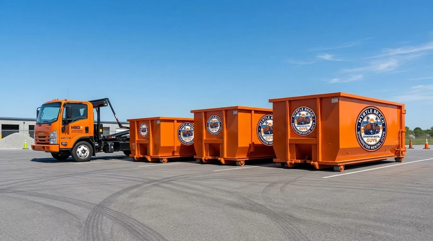 Different roll-off dumpster sizes lined up in Myrtle Beach, SC