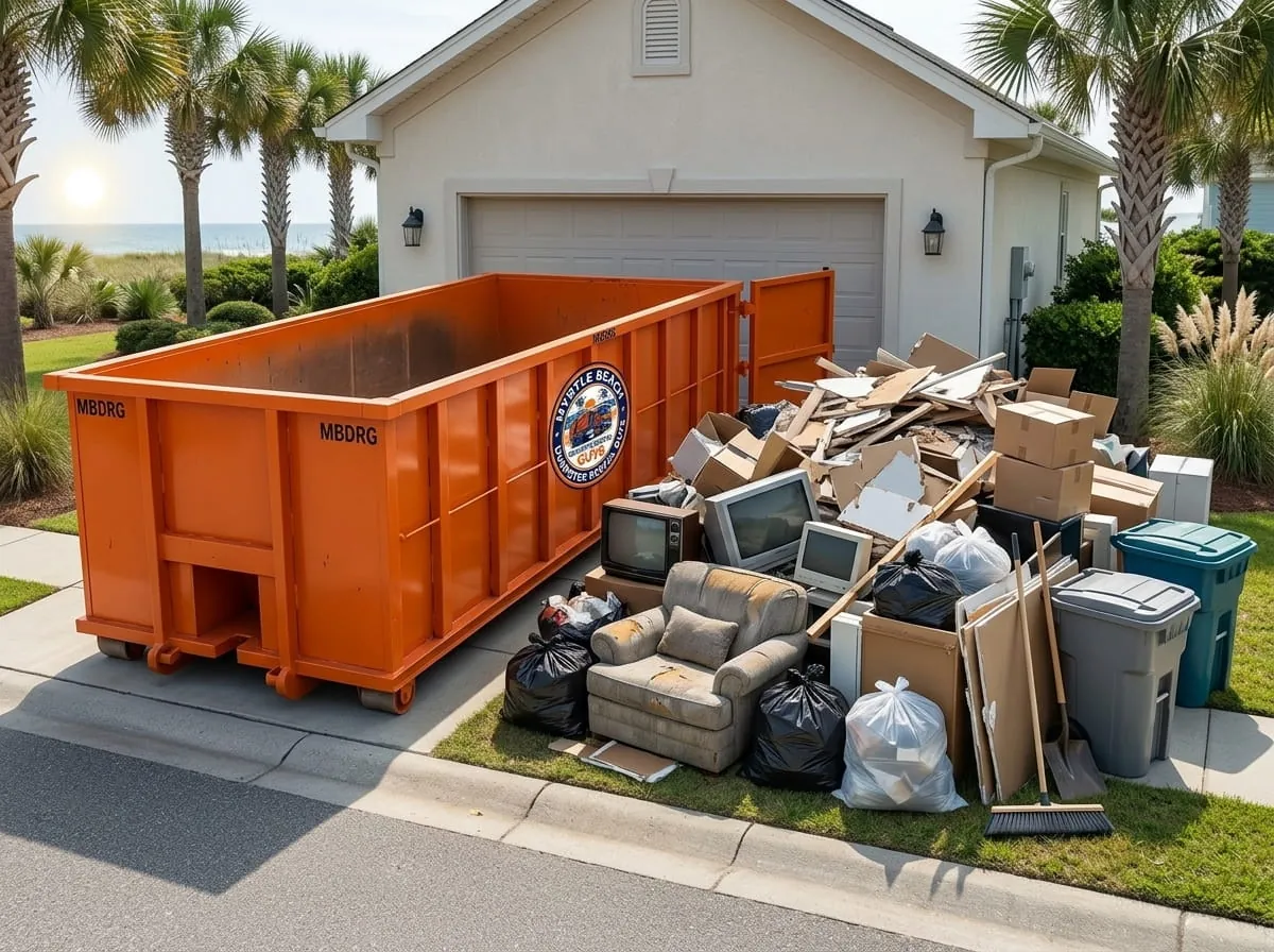 Estate cleanout in progress with a dumpster at a Myrtle Beach, SC home