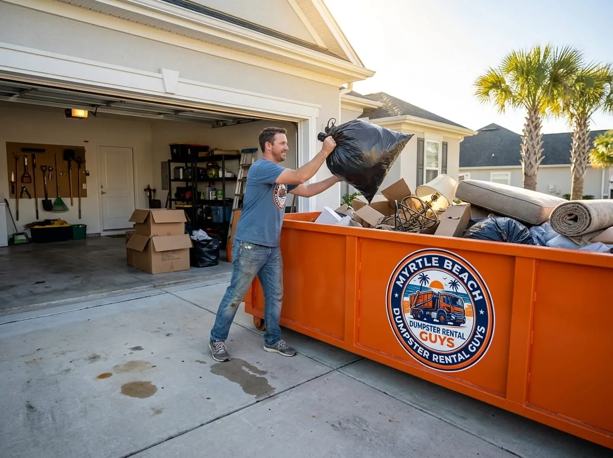 Home renovation debris being loaded into a dumpster in Myrtle Beach, SC
