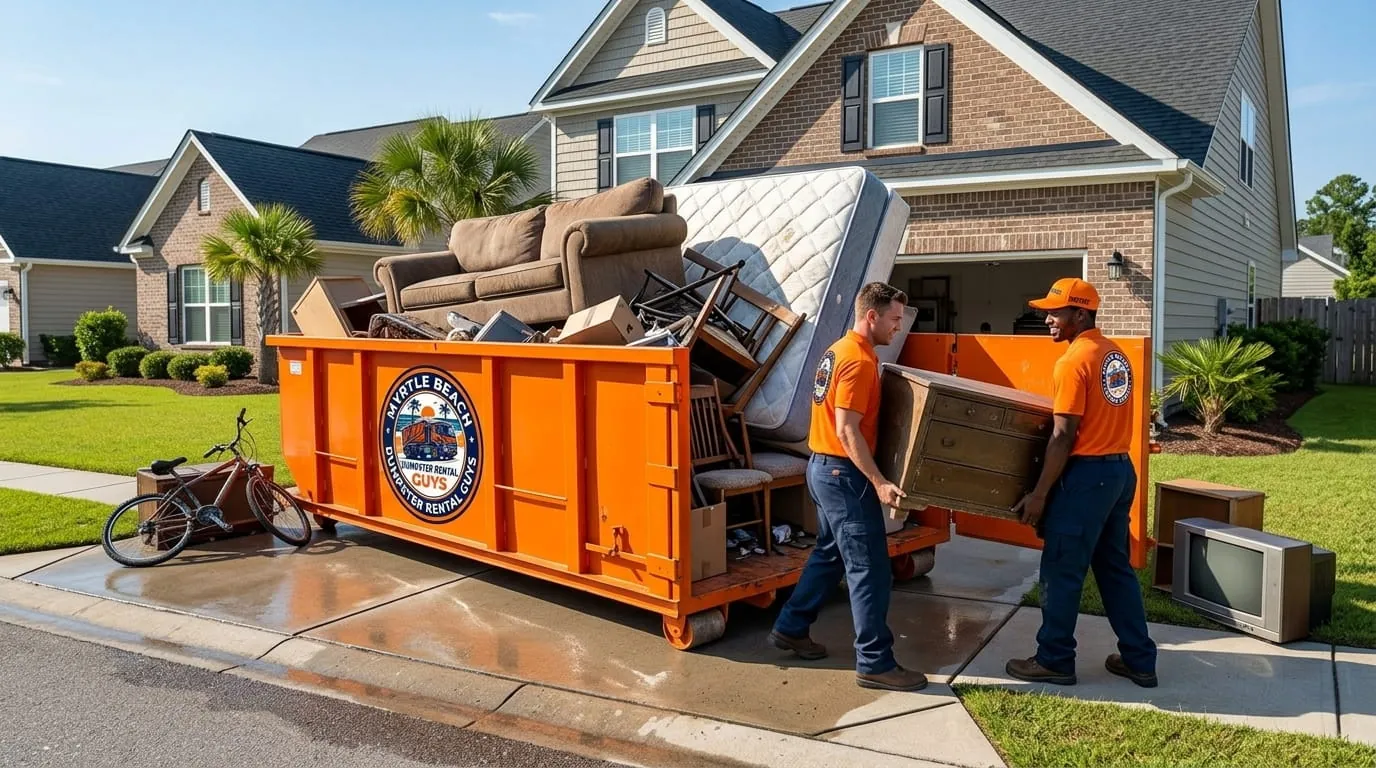 Hurricane storm debris loaded into a dumpster in Myrtle Beach, SC