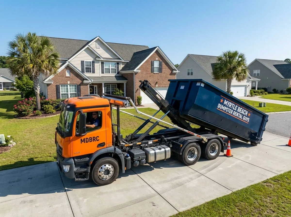 Roofing tear-off debris in a roll-off dumpster in Myrtle Beach
